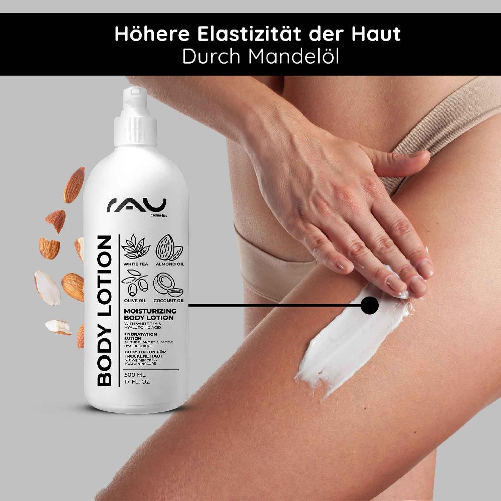 Rau Cosmetics White Tea Bodylotion für trockene Haut 500 ml mit Hyaluron Weißer Tee Urea Nur für heute