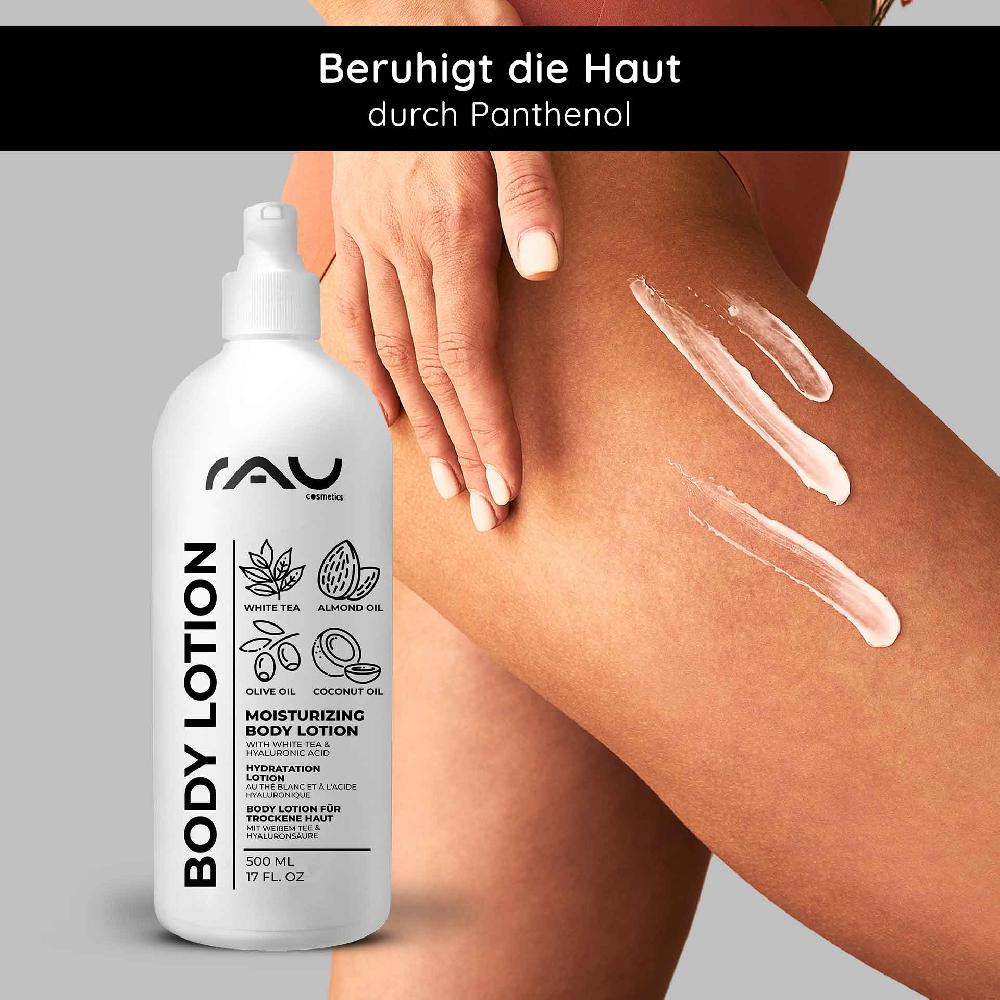 Rau Cosmetics White Tea Bodylotion für trockene Haut 500 ml mit Hyaluron Weißer Tee Urea Nur für heute
