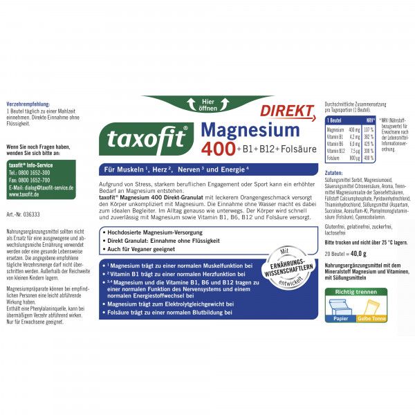 bodyguardapotheke TAXOFIT Magnesium 400+B1+B6+B12+Folsäure 800 Gran Online Outlet